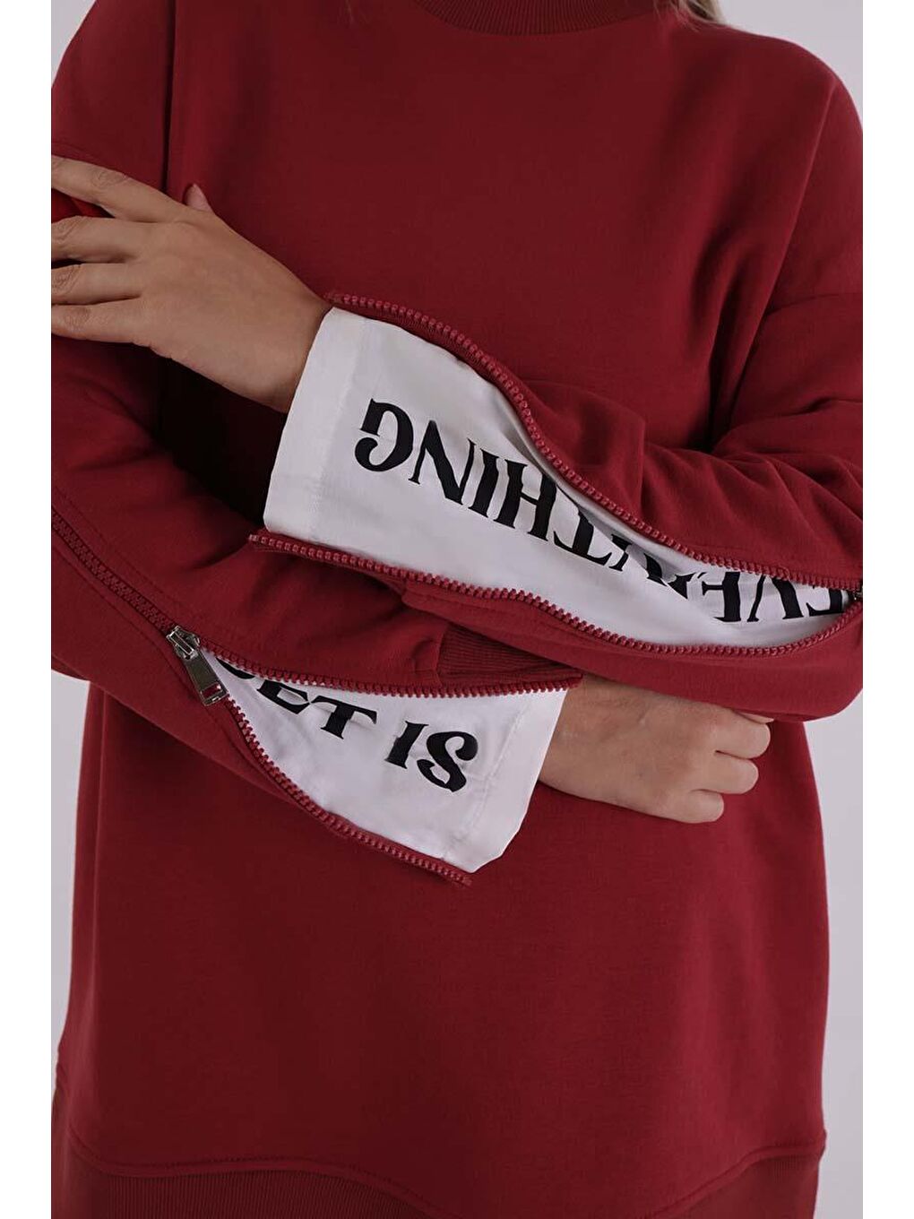 Kırmızı-Kolları Fermuarlı Dokuma Garnili Oversize Sweat-5