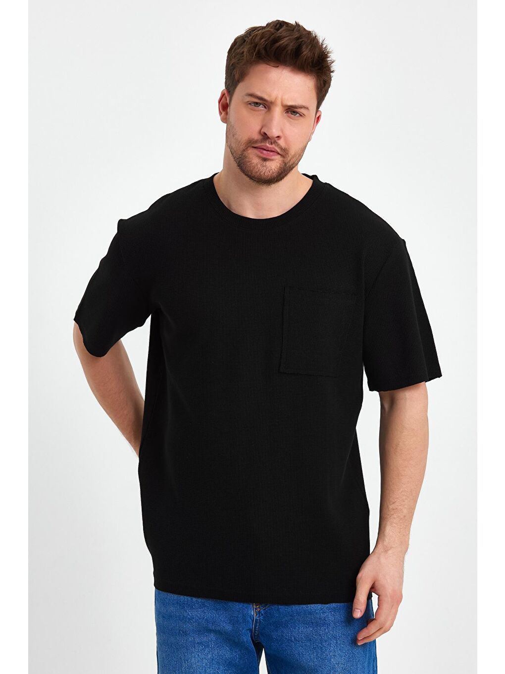 Siyah Bisiklet Yaka Erkek Tişört Gipeli Waffal Relax
