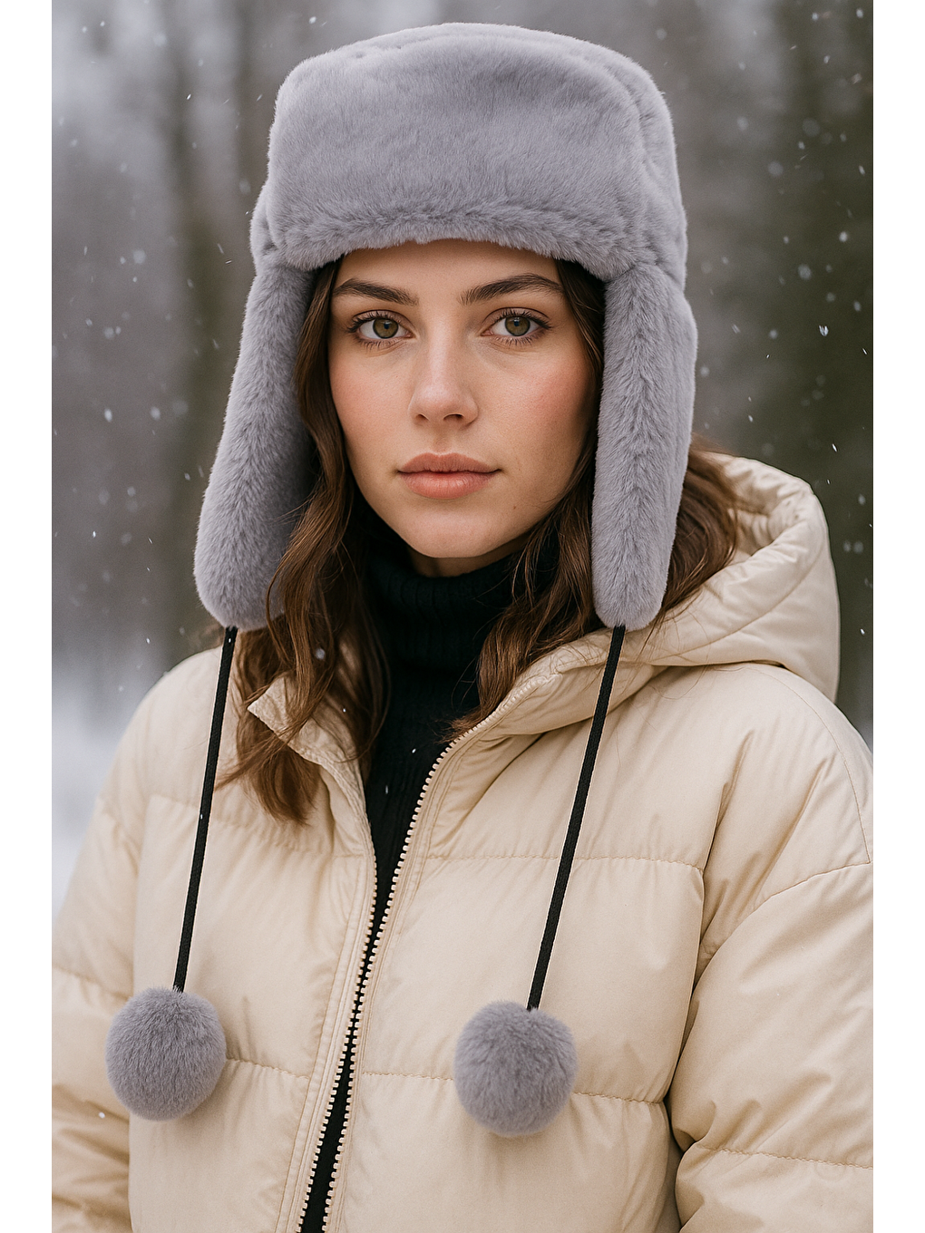 Kadın Gri Kürklü Kulaklıklı Pelüş Şapka Bere1103-1