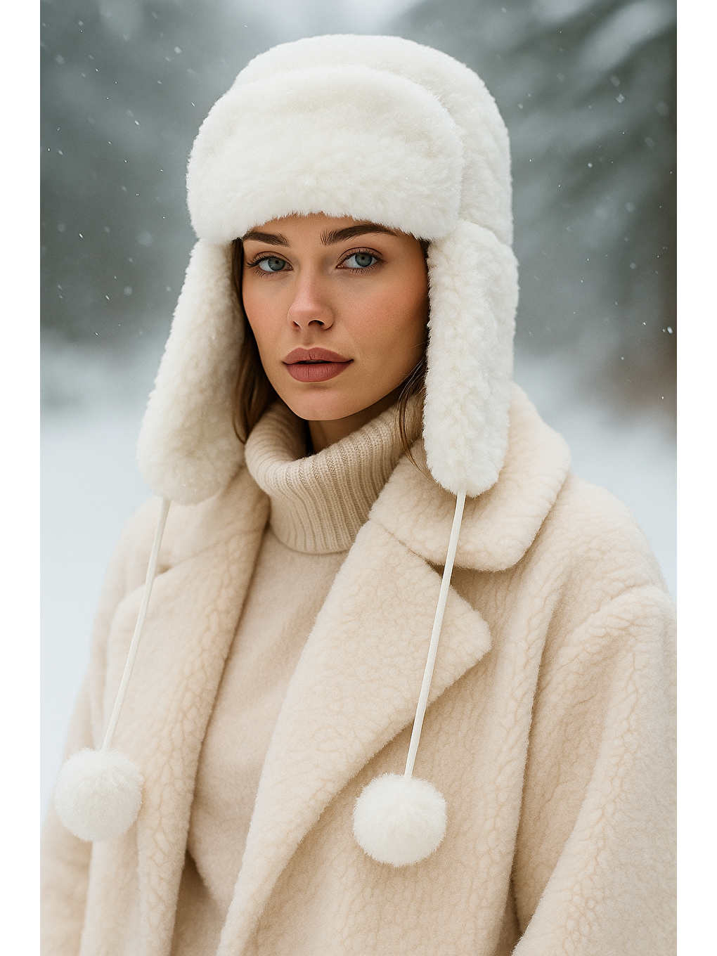 Kadın Ekru Kürklü Kulaklıklı Pelüş Şapka Bere1103-2