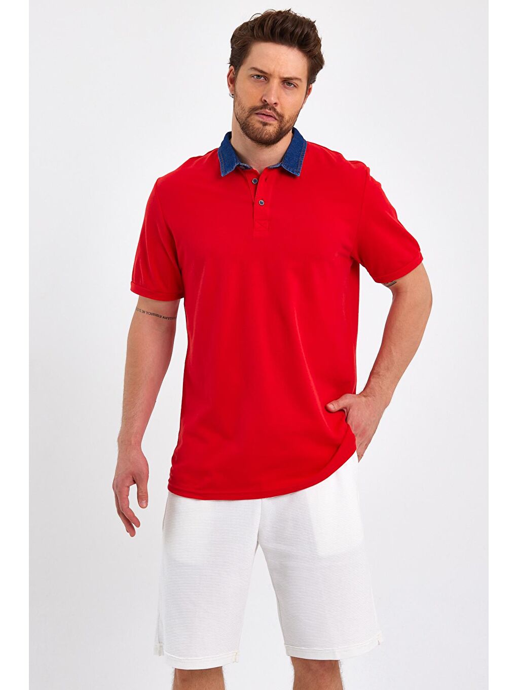 Kırmızı Polo Denim Yaka Erkek Tişört
