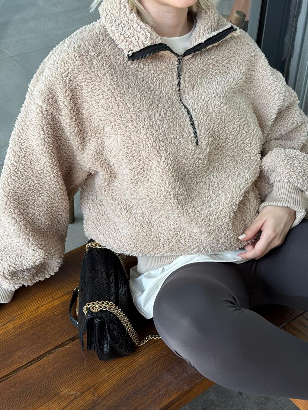 Bej Pelüş Fermuar Yaka Sweatshirt Mg1413-6