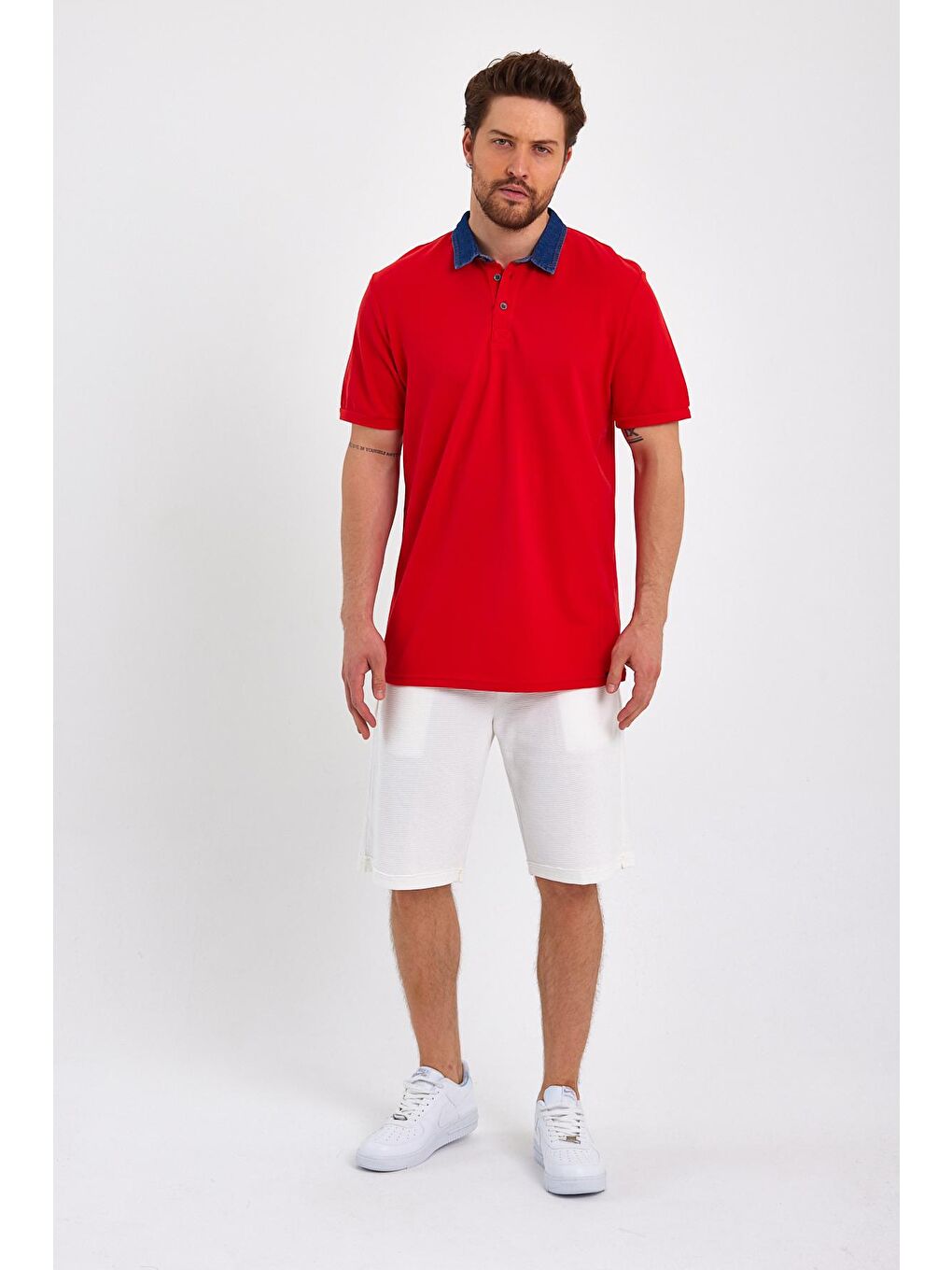 Kırmızı Polo Denim Yaka Erkek Tişört-1