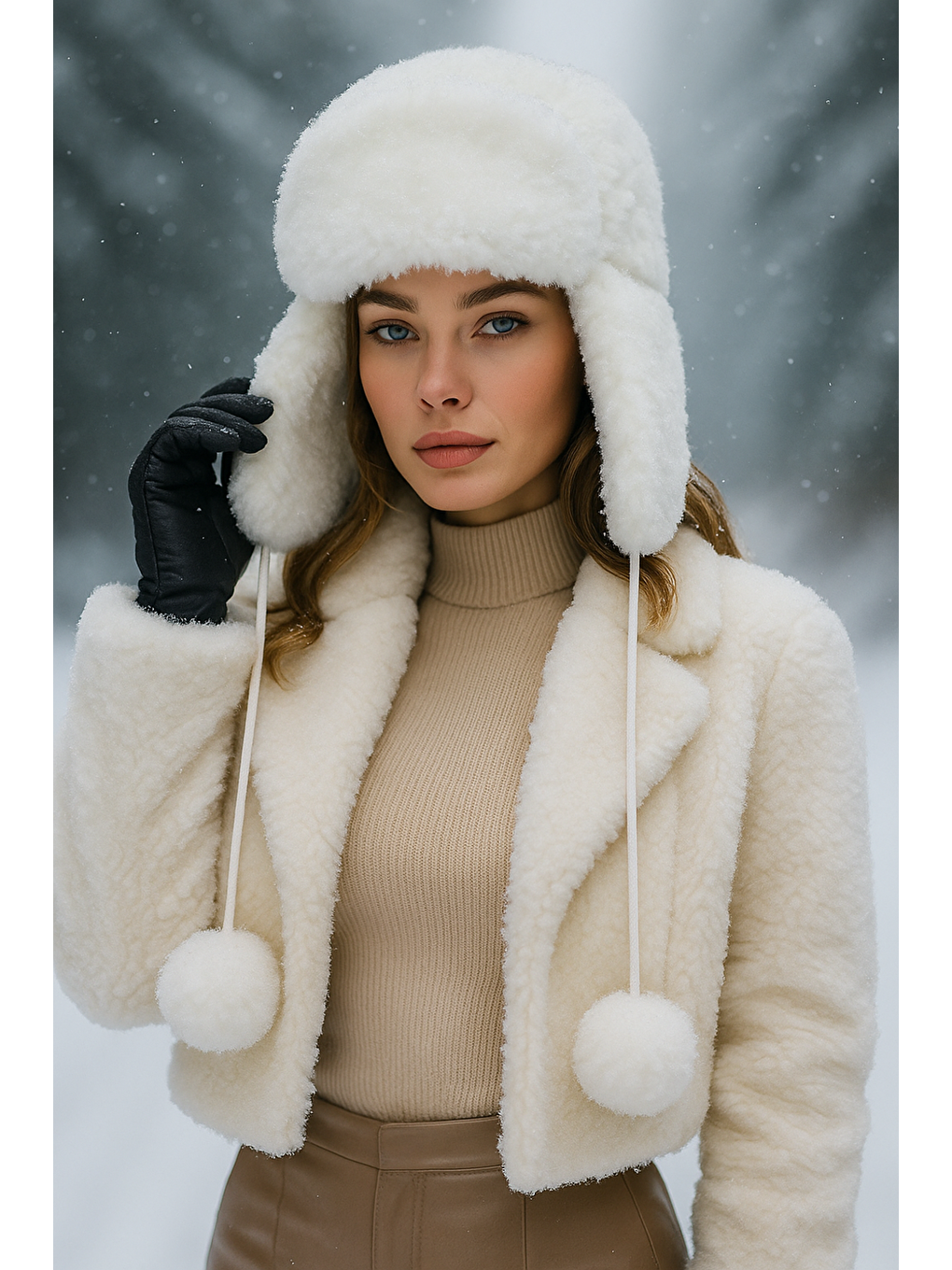 Kadın Ekru Kürklü Kulaklıklı Pelüş Şapka Bere1103-3