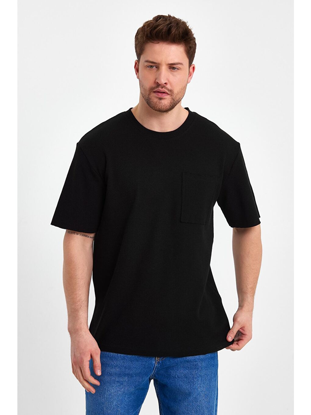 Siyah Bisiklet Yaka Erkek Tişört Gipeli Waffal Relax-3