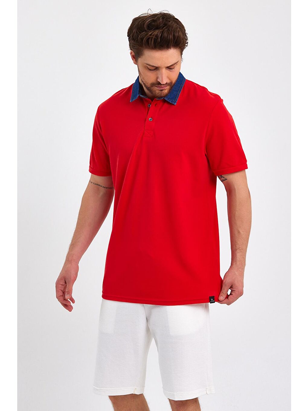 Kırmızı Polo Denim Yaka Erkek Tişört-2