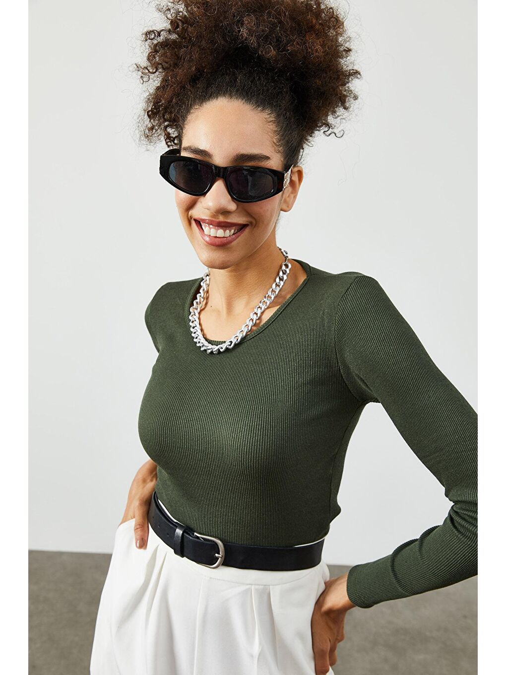 Haki Yuvarlak Yaka Kaşkorse  Bluz 2KXK2-45820-09