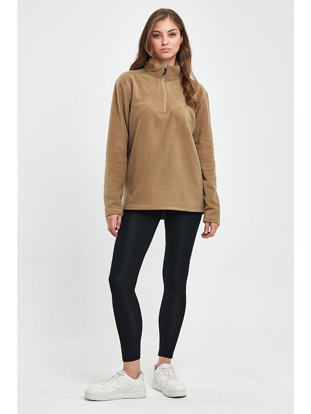 Bej Kadın Rahat Kalıp Softech Polar Yarım Fermuarlı Sweatshırt spr24pwk20-1