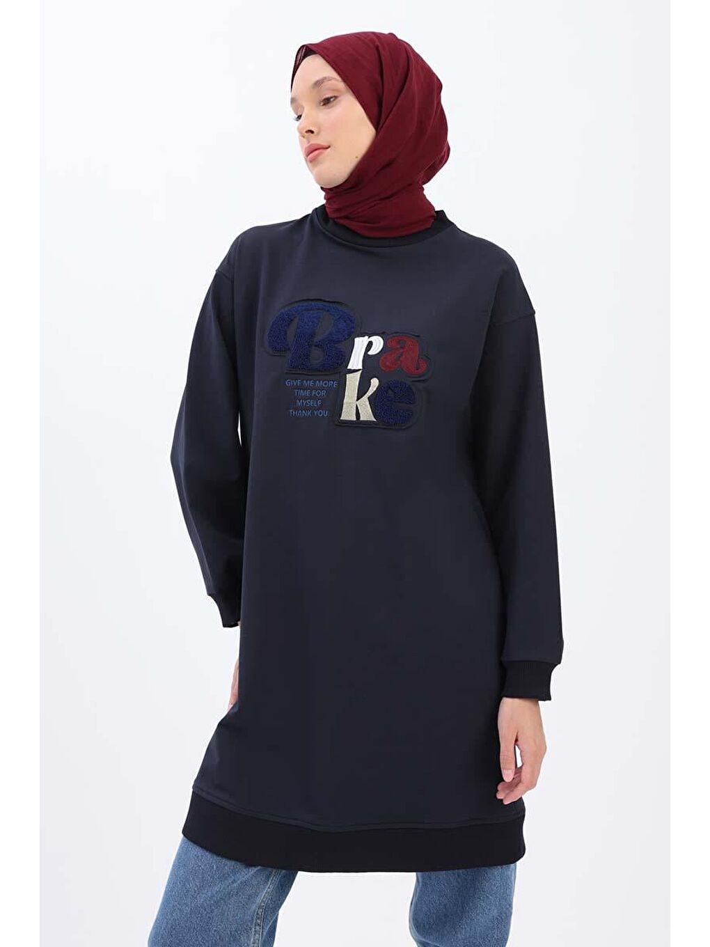 Lacivert-Aplike Nakışlı Elastanlı Sweat