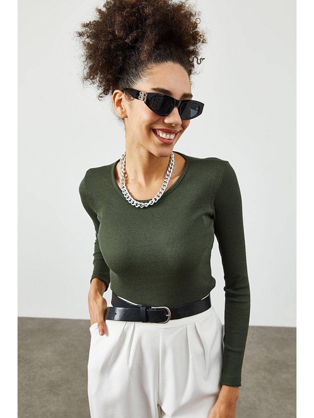 Haki Yuvarlak Yaka Kaşkorse  Bluz 2KXK2-45820-09-1