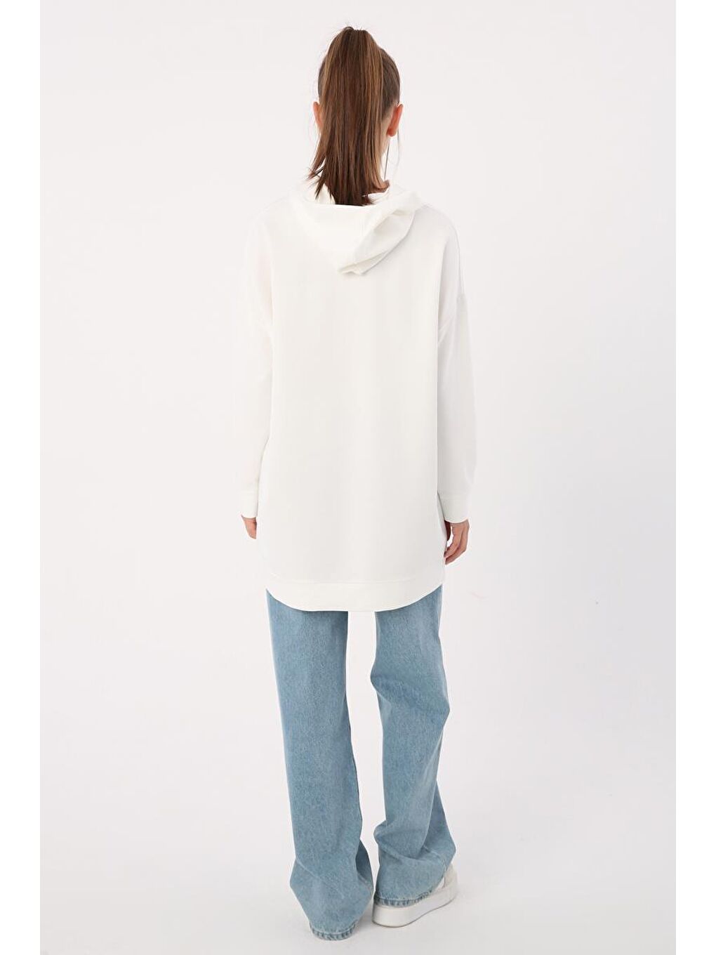 Beyaz Kanguru Cepli Kapüşonlu Sweat Tunik-3