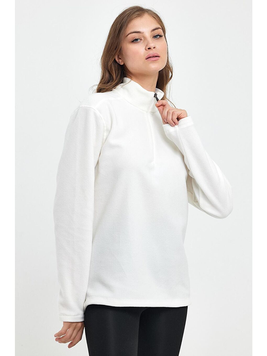 Ekru Kadın Rahat Kalıp Softech Polar Yarım Fermuarlı Sweatshırt spr24pwk20-1