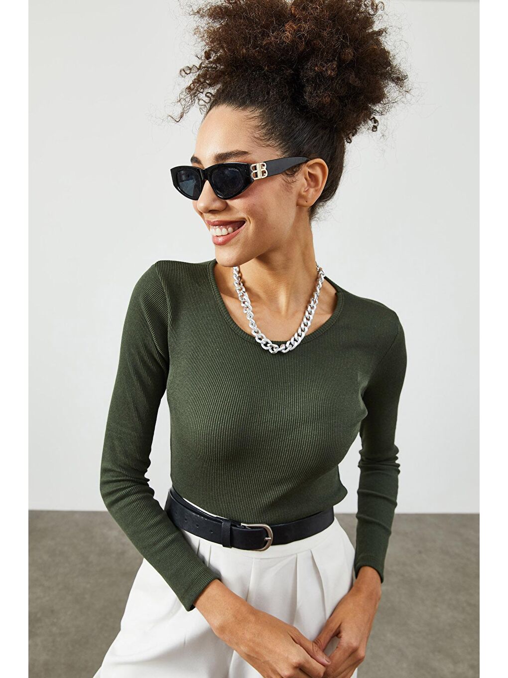 Haki Yuvarlak Yaka Kaşkorse  Bluz 2KXK2-45820-09-2