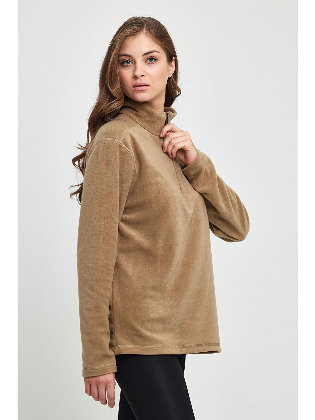 Bej Kadın Rahat Kalıp Softech Polar Yarım Fermuarlı Sweatshırt spr24pwk20-2