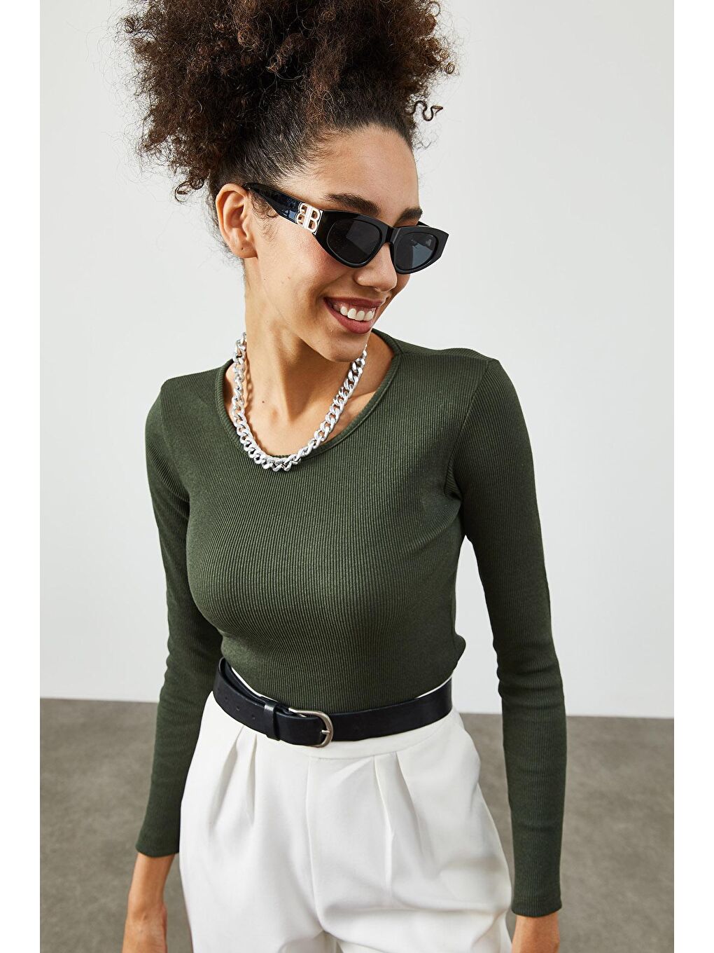 Haki Yuvarlak Yaka Kaşkorse  Bluz 2KXK2-45820-09-3