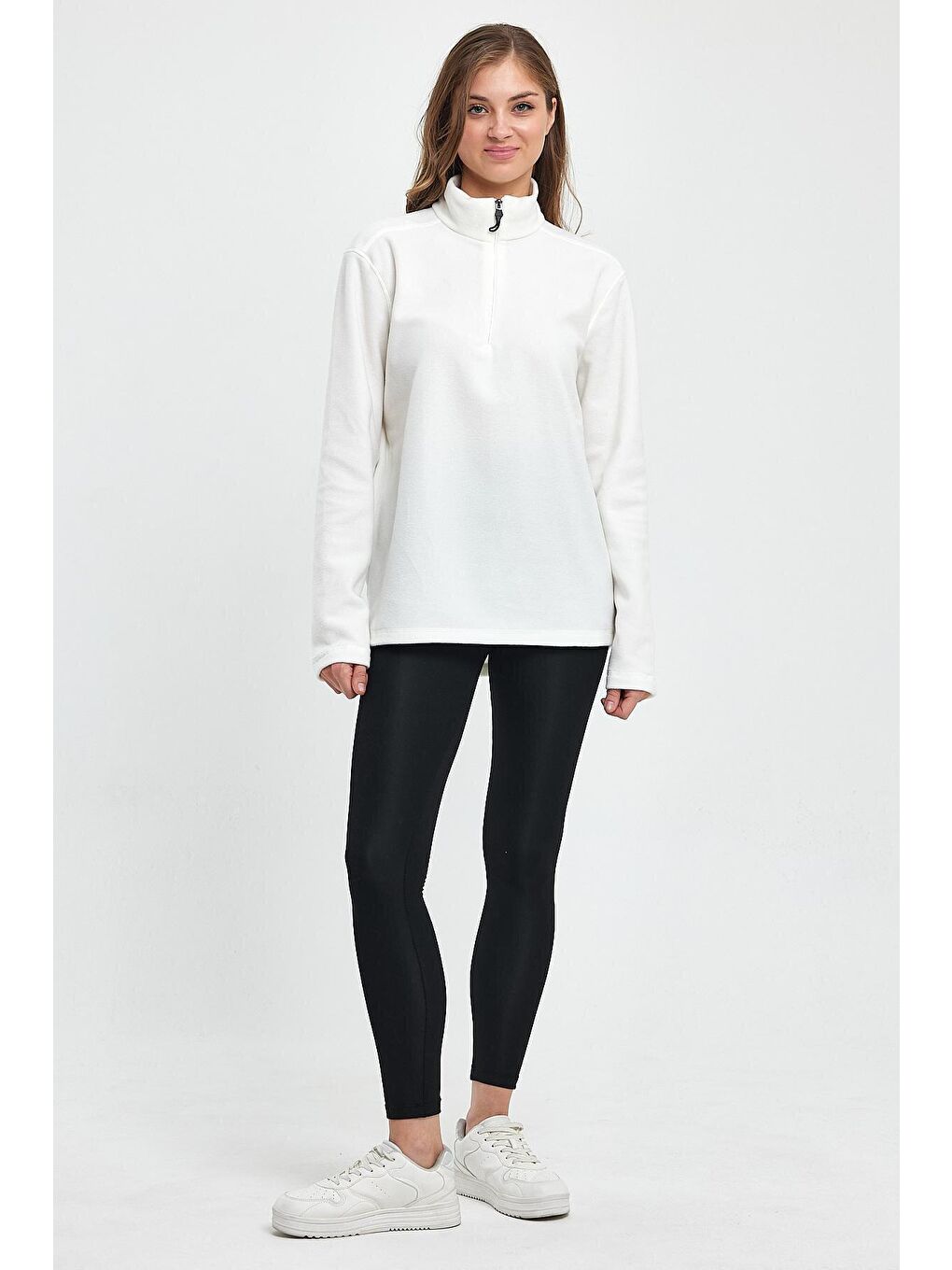 Ekru Kadın Rahat Kalıp Softech Polar Yarım Fermuarlı Sweatshırt spr24pwk20-2