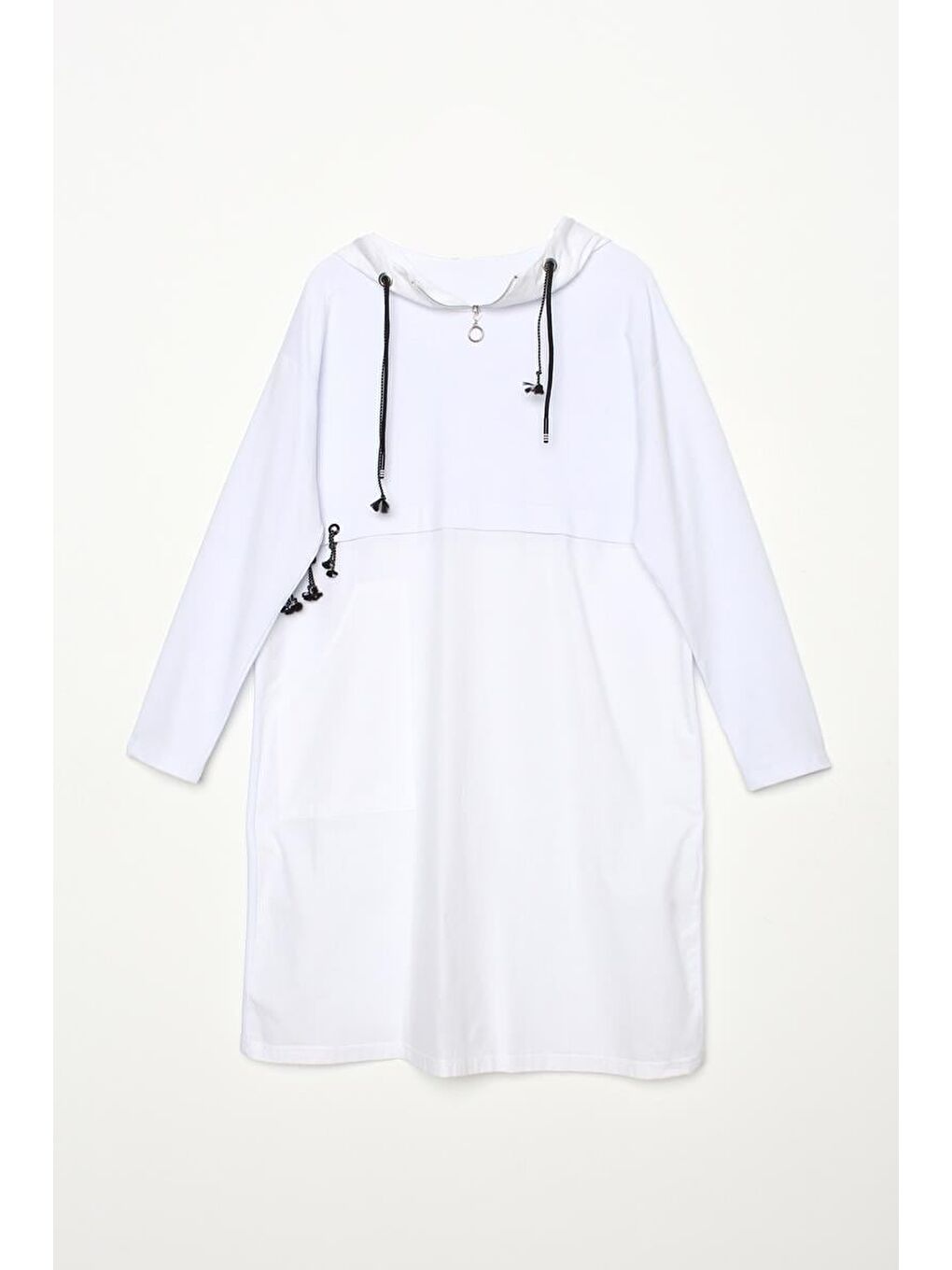 Beyaz Pamuklu Dokuma Garnili Kapüşonlu Kuşgözü Detaylı Sweat Tunik-4