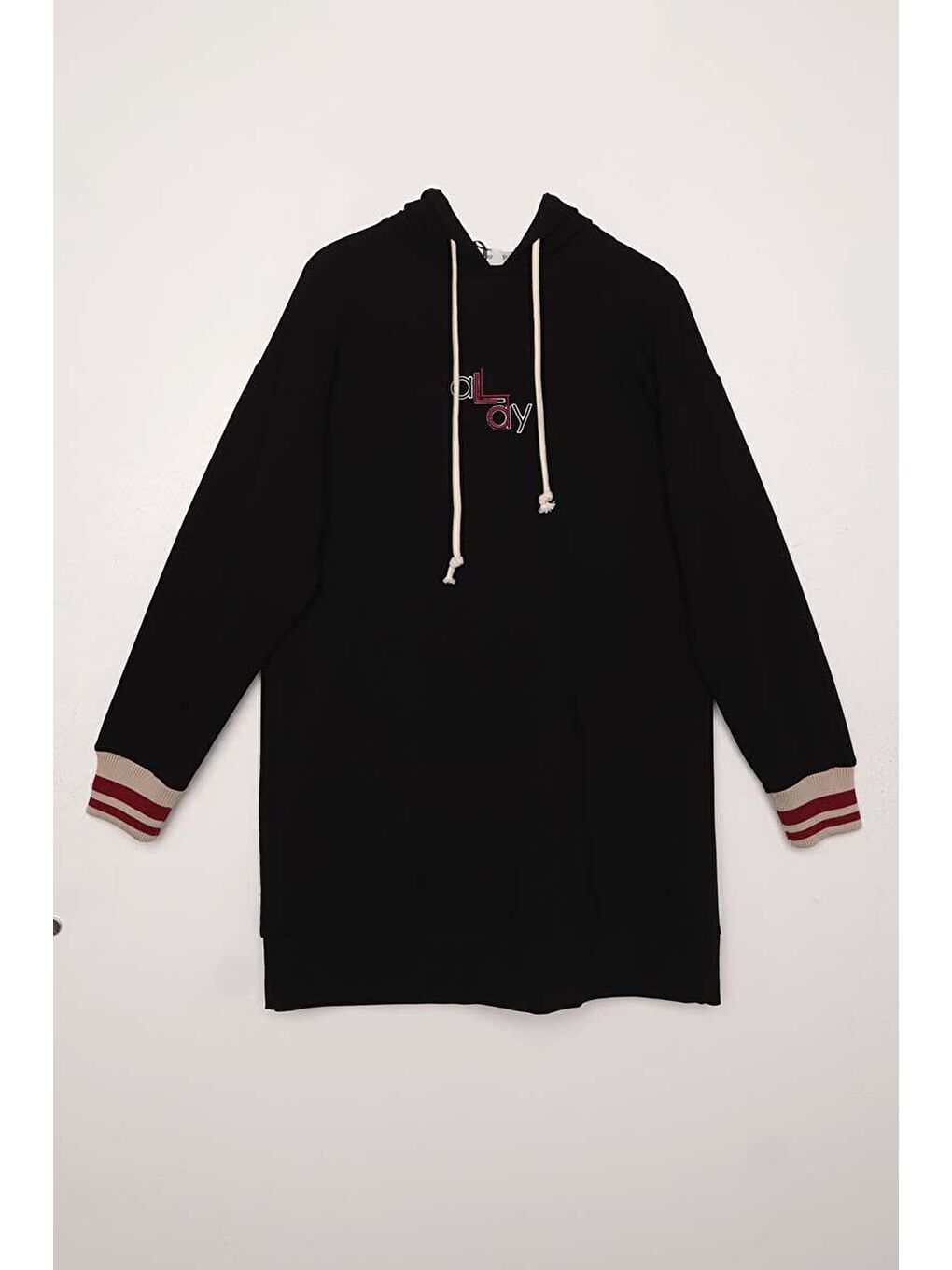 Siyah Kapüşonlu Yakası Nakışlı Sweat Tunik-5
