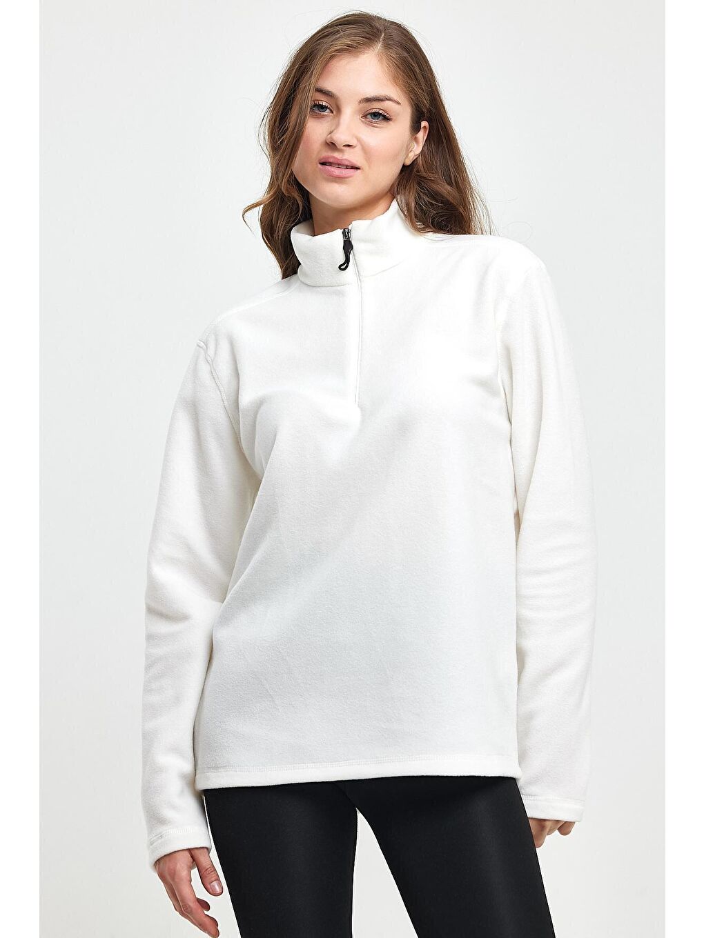 Ekru Kadın Rahat Kalıp Softech Polar Yarım Fermuarlı Sweatshırt spr24pwk20-3