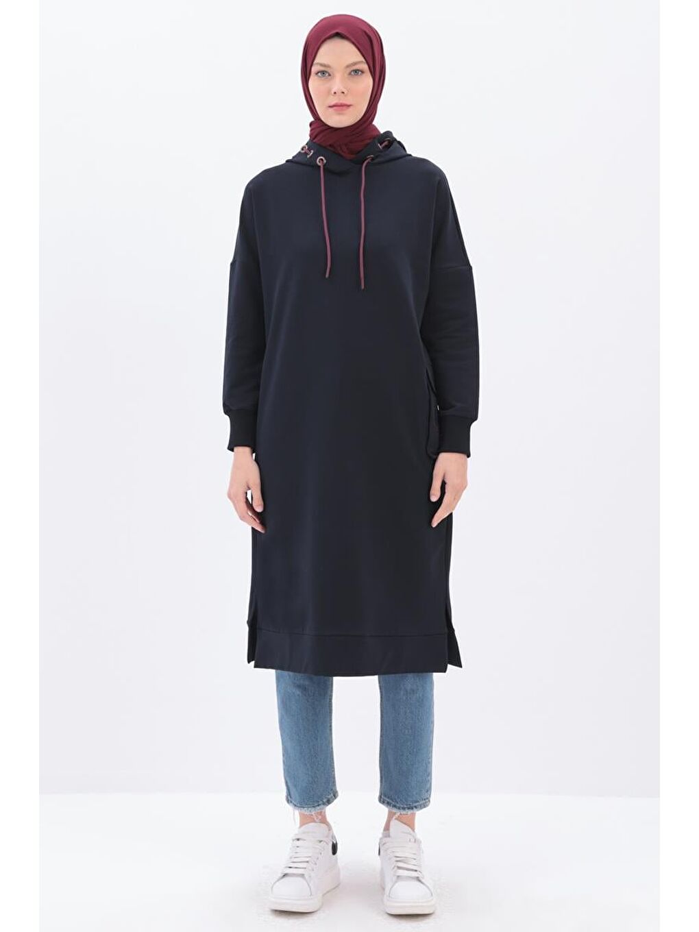 Lacivert-Cebi Nakışlı Kapüşonlu Elastanlı Sweat-1