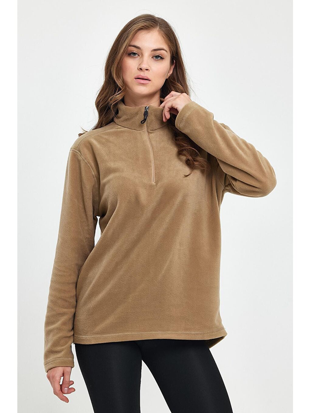 Bej Kadın Rahat Kalıp Softech Polar Yarım Fermuarlı Sweatshırt spr24pwk20-3