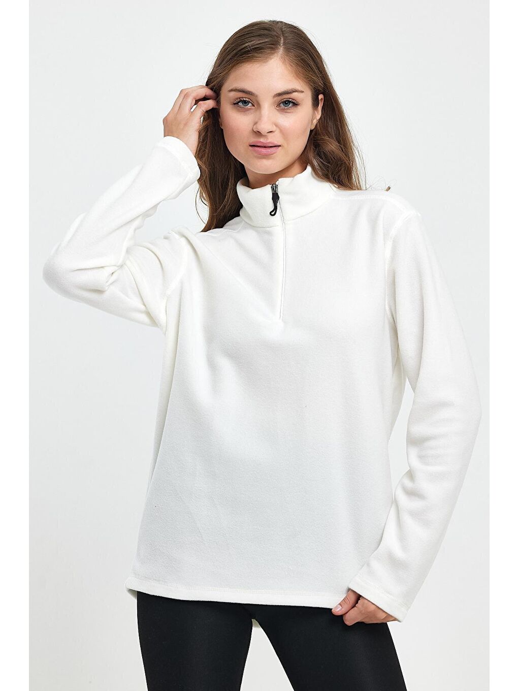 Ekru Kadın Rahat Kalıp Softech Polar Yarım Fermuarlı Sweatshırt spr24pwk20-4