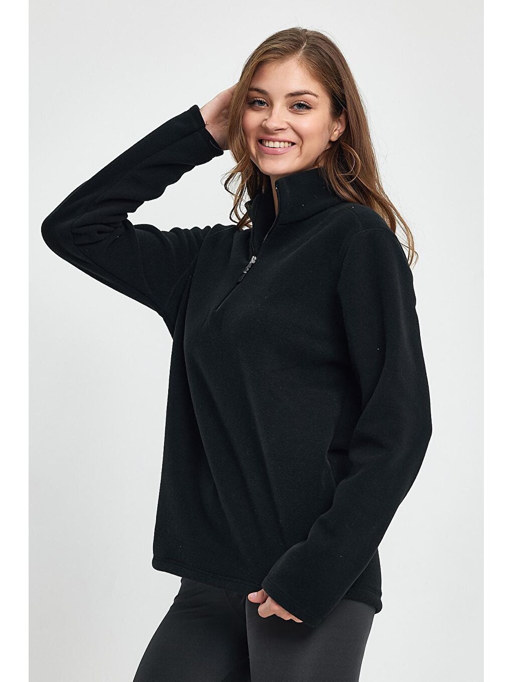 Siyah Kadın Rahat Kalıp Softech Polar Yarım Fermuarlı Sweatshırt spr24pwk20