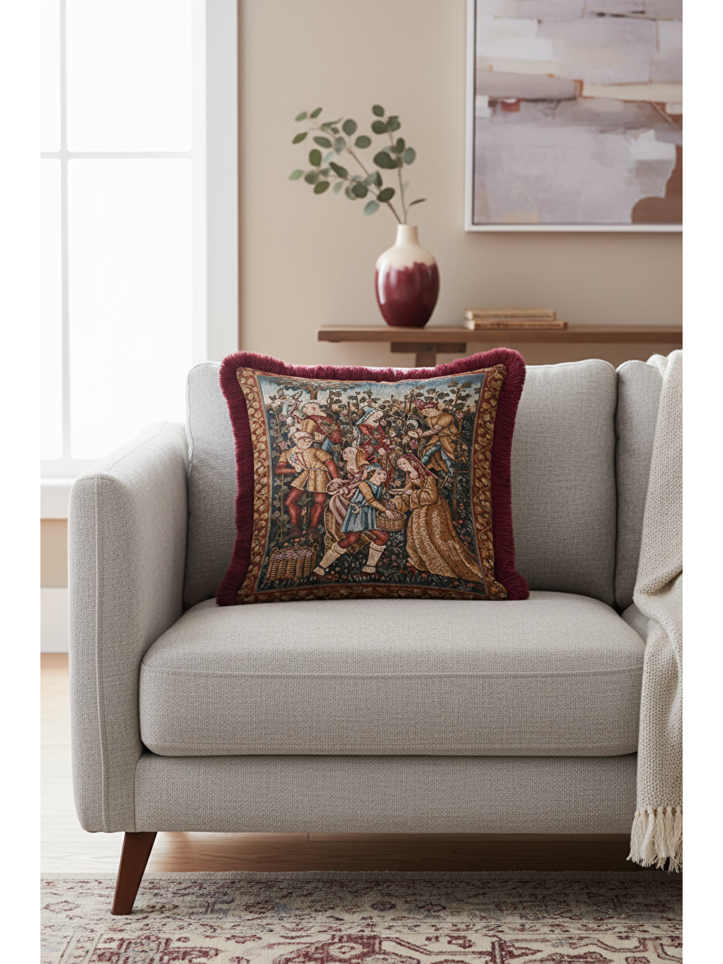 Karışık Avangart Ortaçağ Figürlü Saçaklı Yastık Kılıfı - Vintage Rustik Bordo Gold Püsküllü Kırlent Kılıfı-1