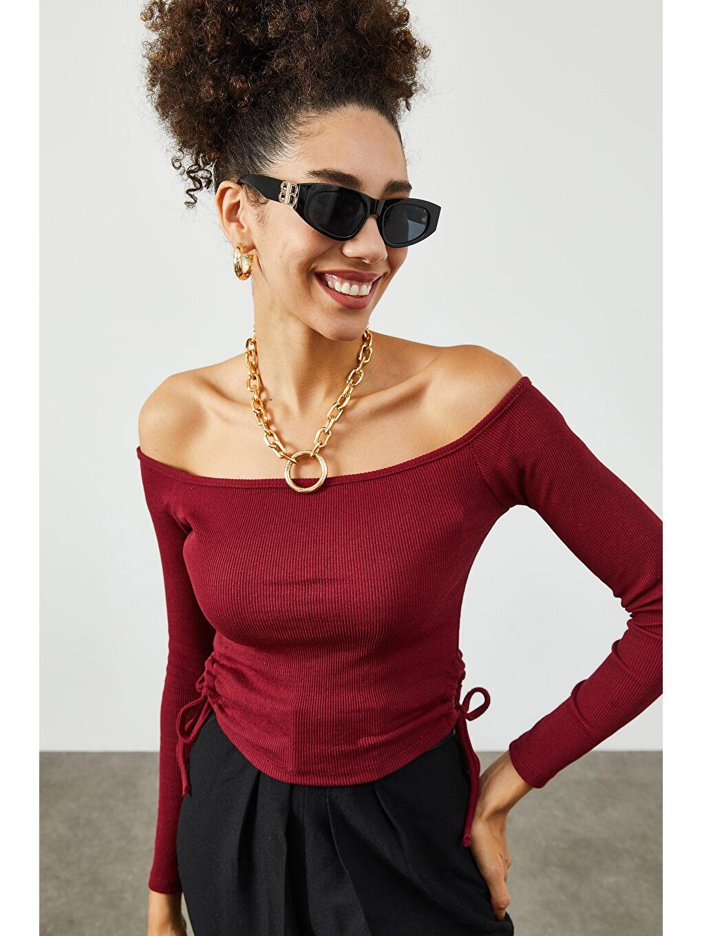 Bordo Yanı Büzgü Detaylı Kayık Yaka Kaşkorse Bluz 2KXK2-45816-05-1