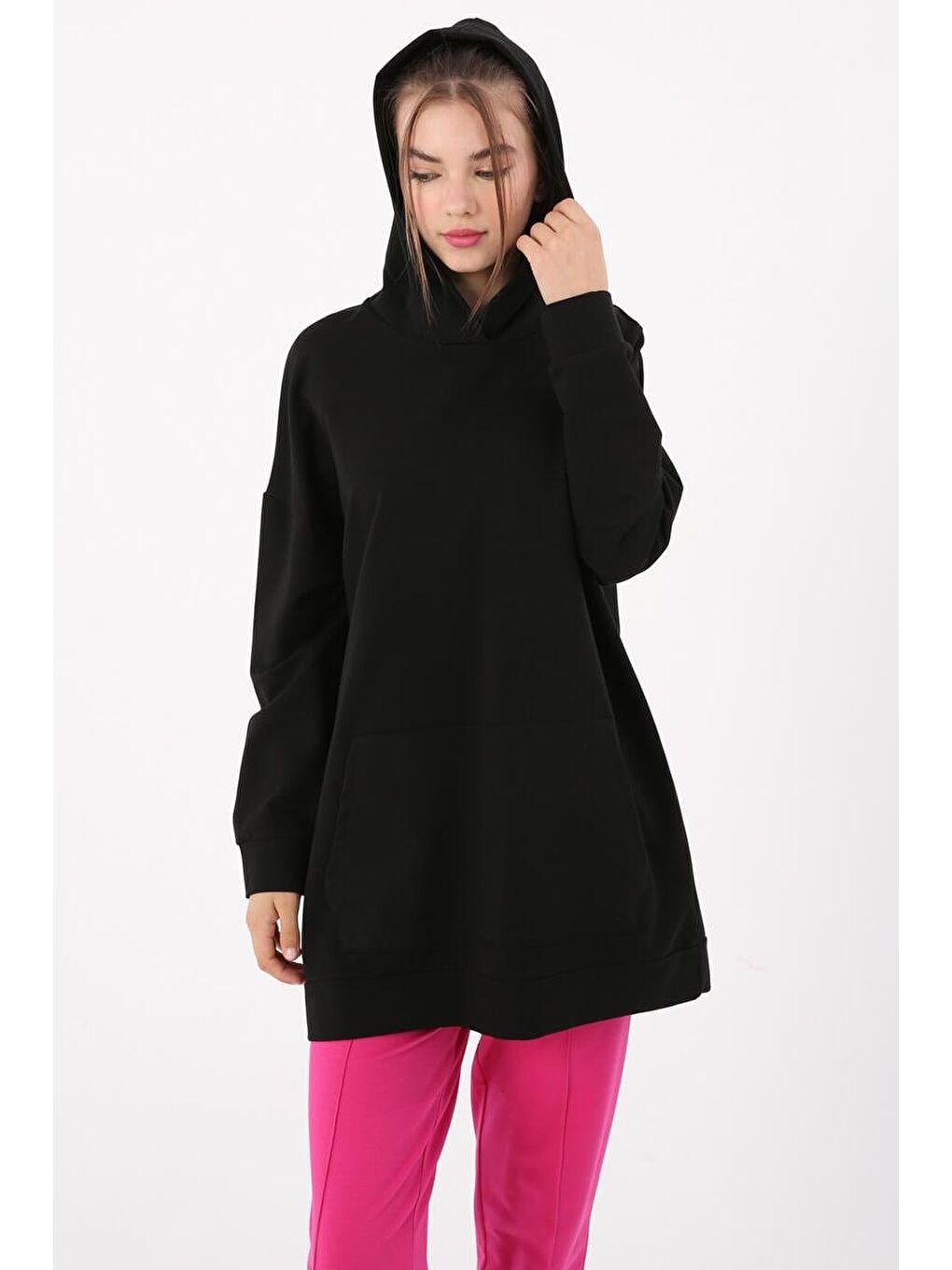 Siyah Kanguru Cepli Kapüşonlu Sweat Tunik-4