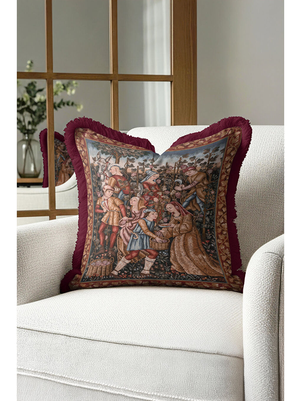 Karışık Avangart Ortaçağ Figürlü Saçaklı Yastık Kılıfı - Vintage Rustik Bordo Gold Püsküllü Kırlent Kılıfı-2