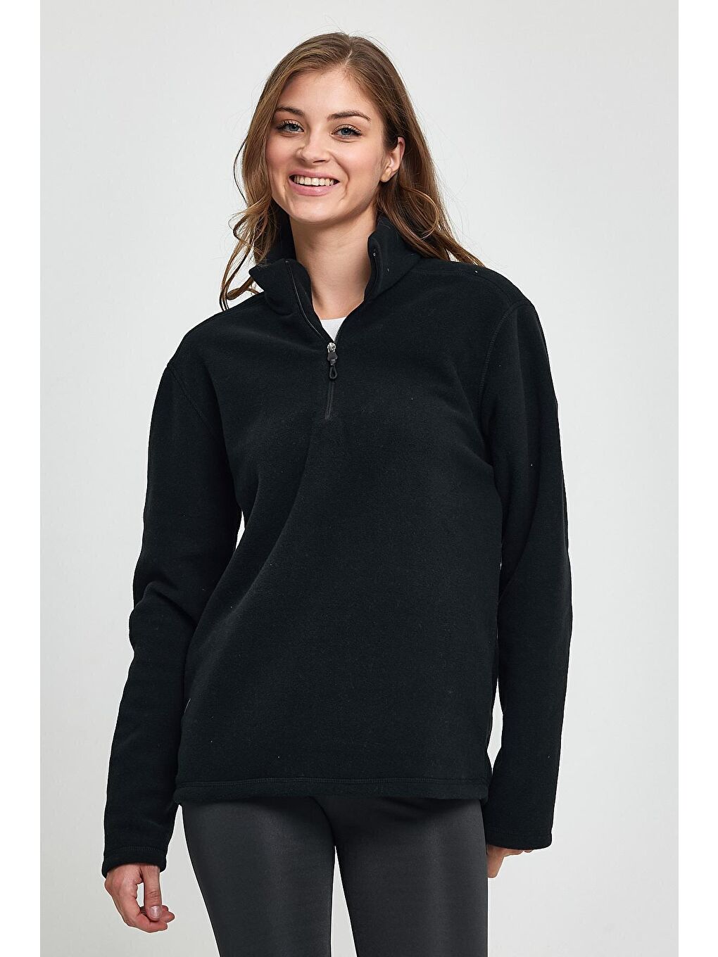Siyah Kadın Rahat Kalıp Softech Polar Yarım Fermuarlı Sweatshırt spr24pwk20-1