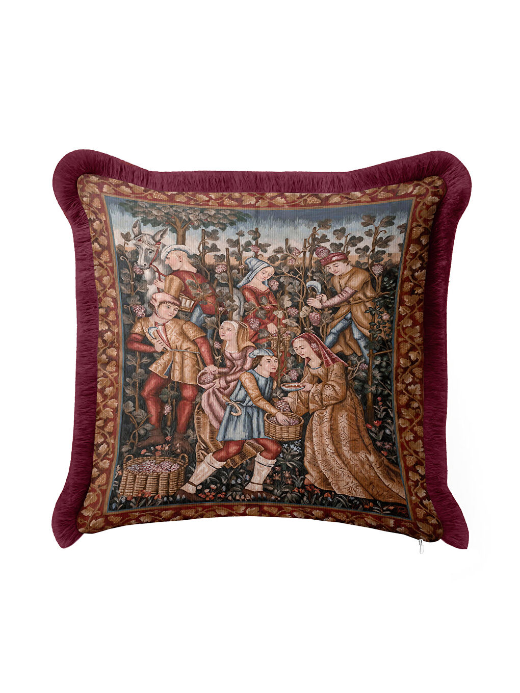 Karışık Avangart Ortaçağ Figürlü Saçaklı Yastık Kılıfı - Vintage Rustik Bordo Gold Püsküllü Kırlent Kılıfı-3