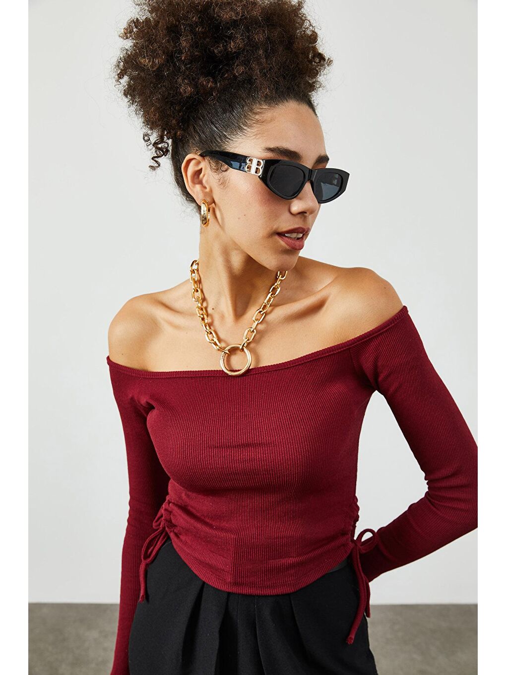 Bordo Yanı Büzgü Detaylı Kayık Yaka Kaşkorse Bluz 2KXK2-45816-05-2