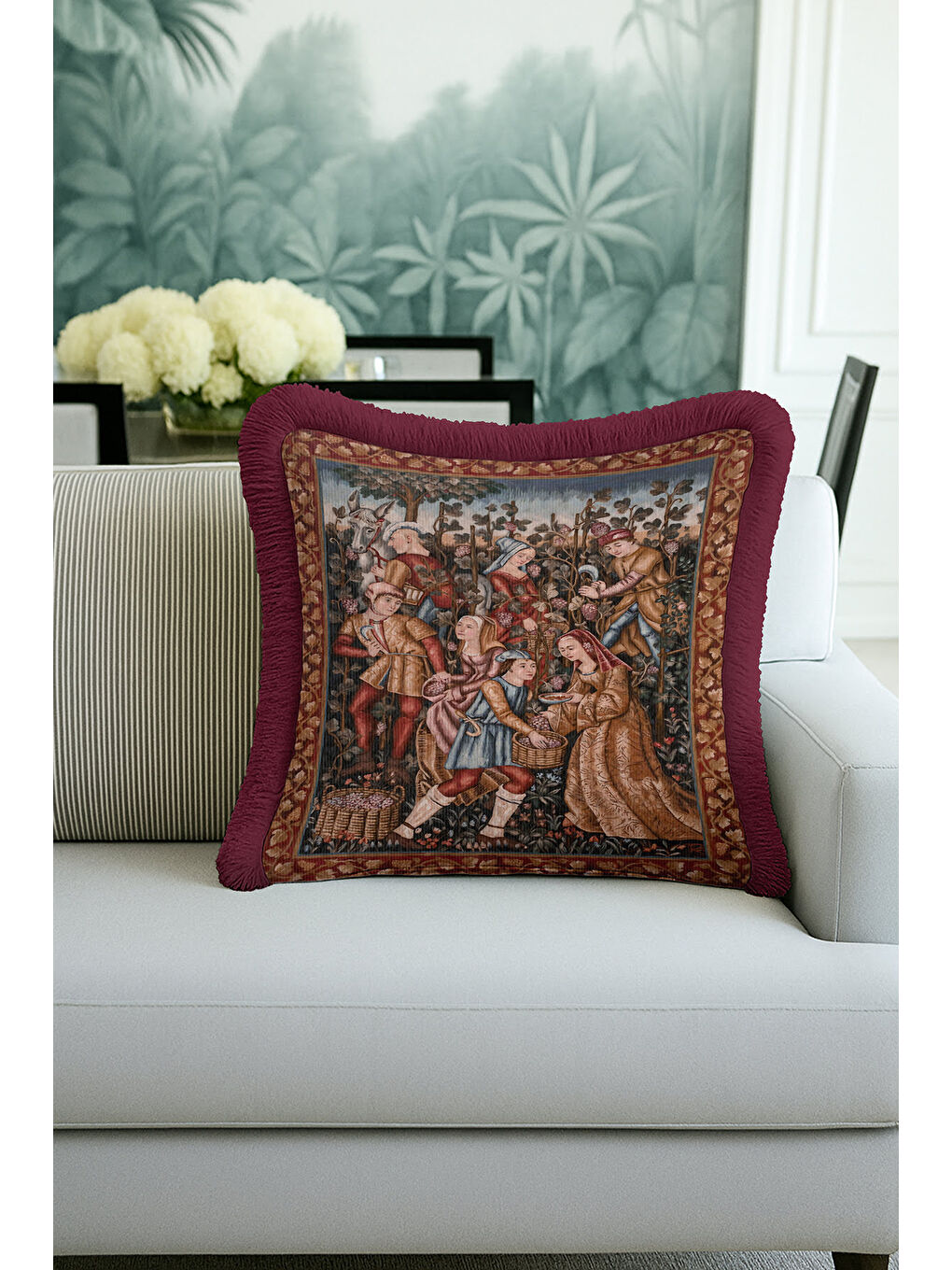 Karışık Avangart Ortaçağ Figürlü Saçaklı Yastık Kılıfı - Vintage Rustik Bordo Gold Püsküllü Kırlent Kılıfı-4