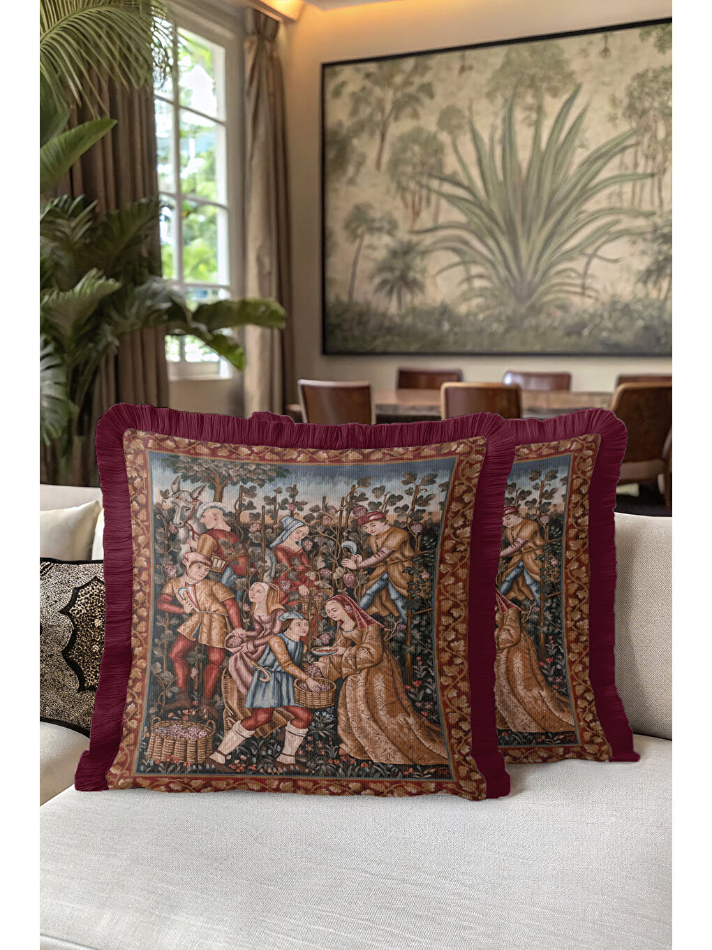 Karışık Avangart Ortaçağ Figürlü Saçaklı Yastık Kılıfı - Vintage Rustik Bordo Gold Püsküllü Kırlent Kılıfı-5