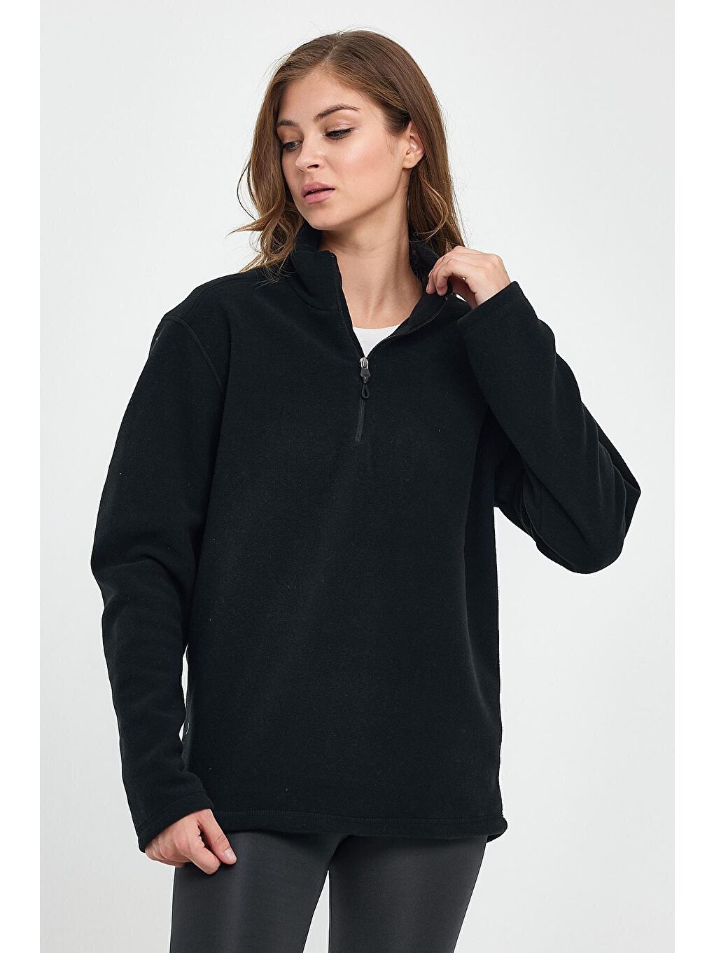 Siyah Kadın Rahat Kalıp Softech Polar Yarım Fermuarlı Sweatshırt spr24pwk20-2