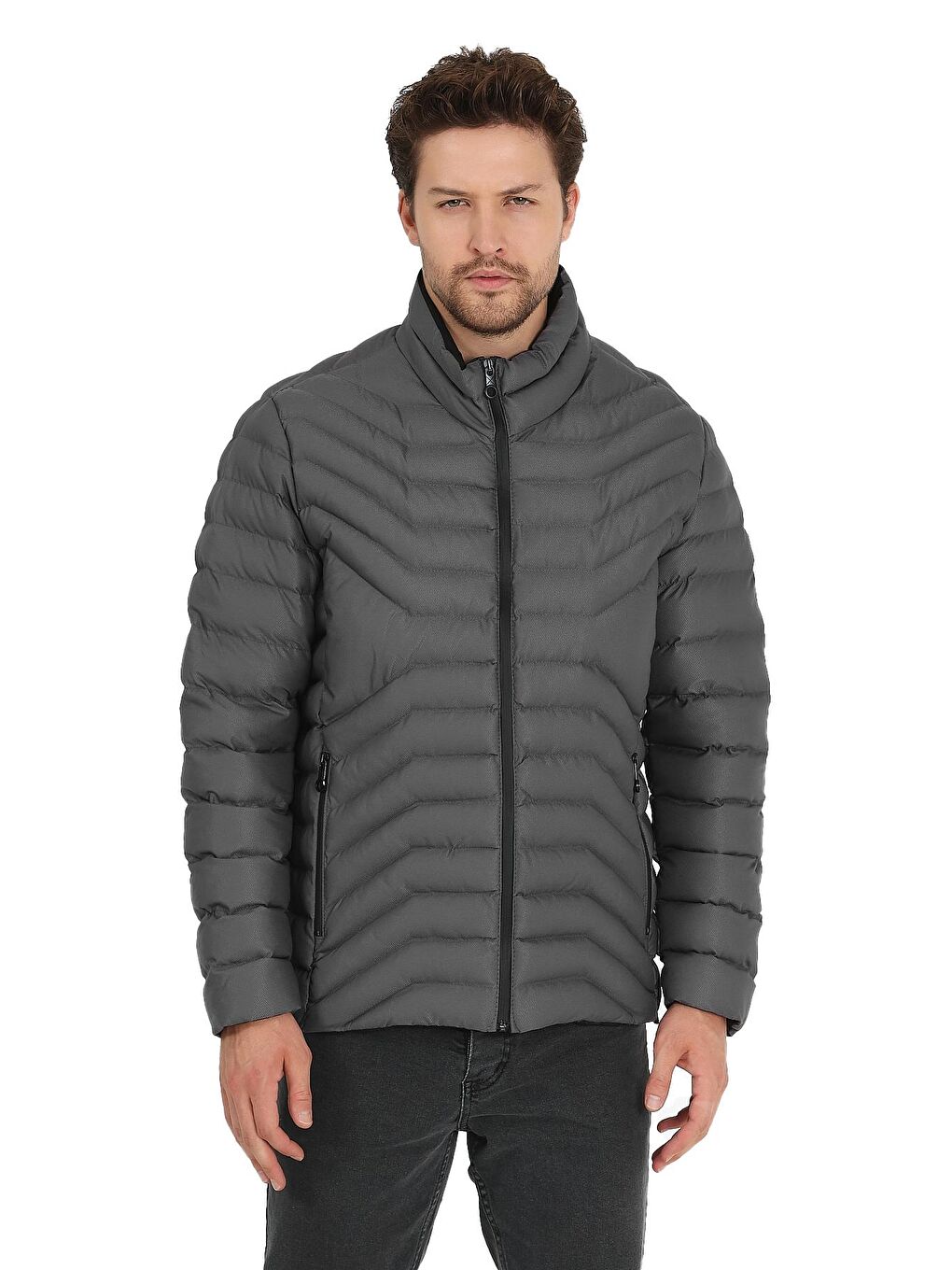 Gri Erkek Dik Yaka Mont