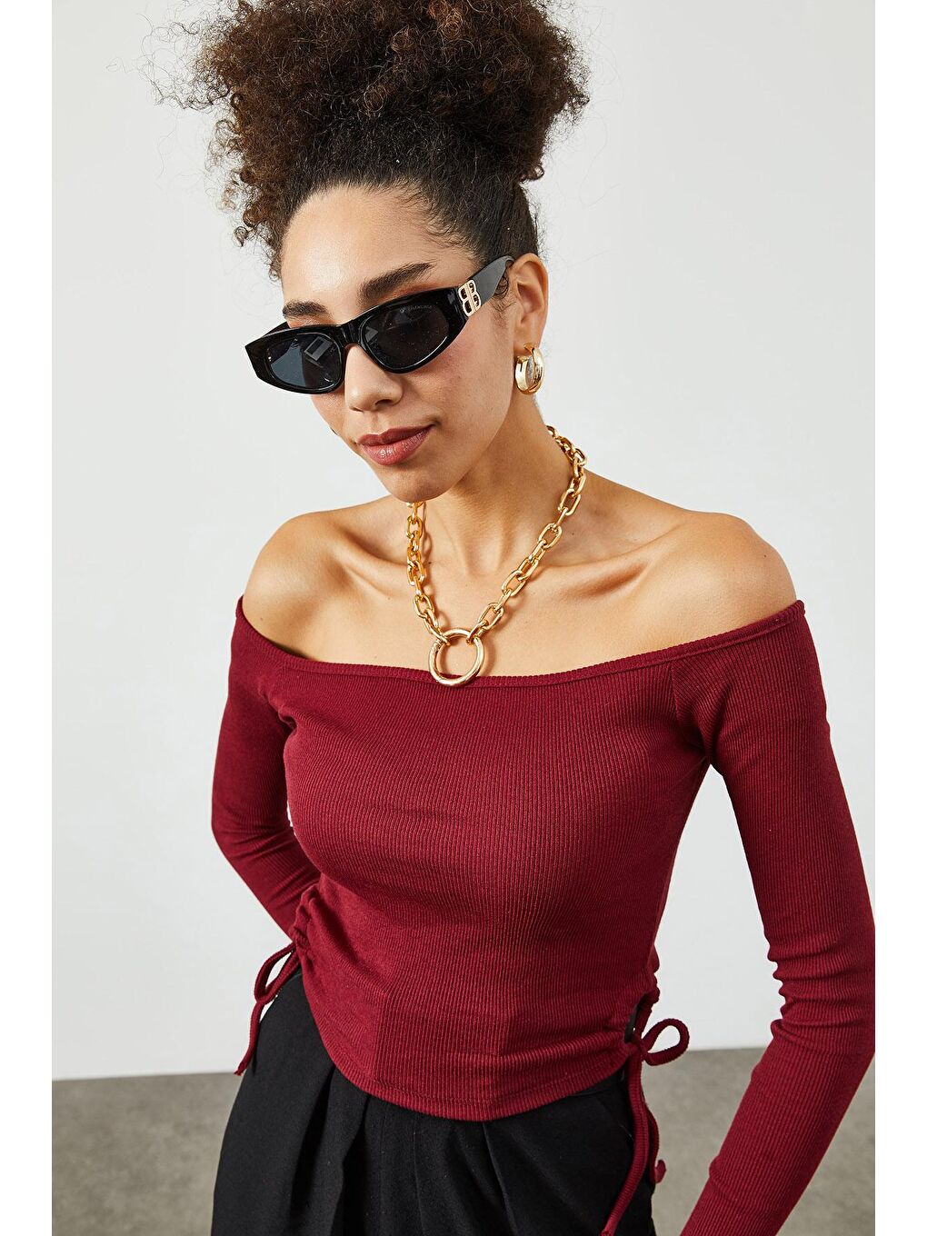 Bordo Yanı Büzgü Detaylı Kayık Yaka Kaşkorse Bluz 2KXK2-45816-05-3