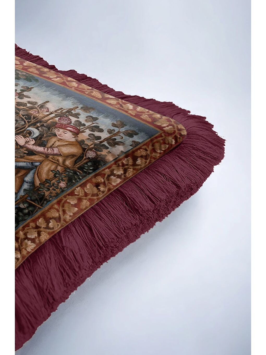 Karışık Avangart Ortaçağ Figürlü Saçaklı Yastık Kılıfı - Vintage Rustik Bordo Gold Püsküllü Kırlent Kılıfı-6