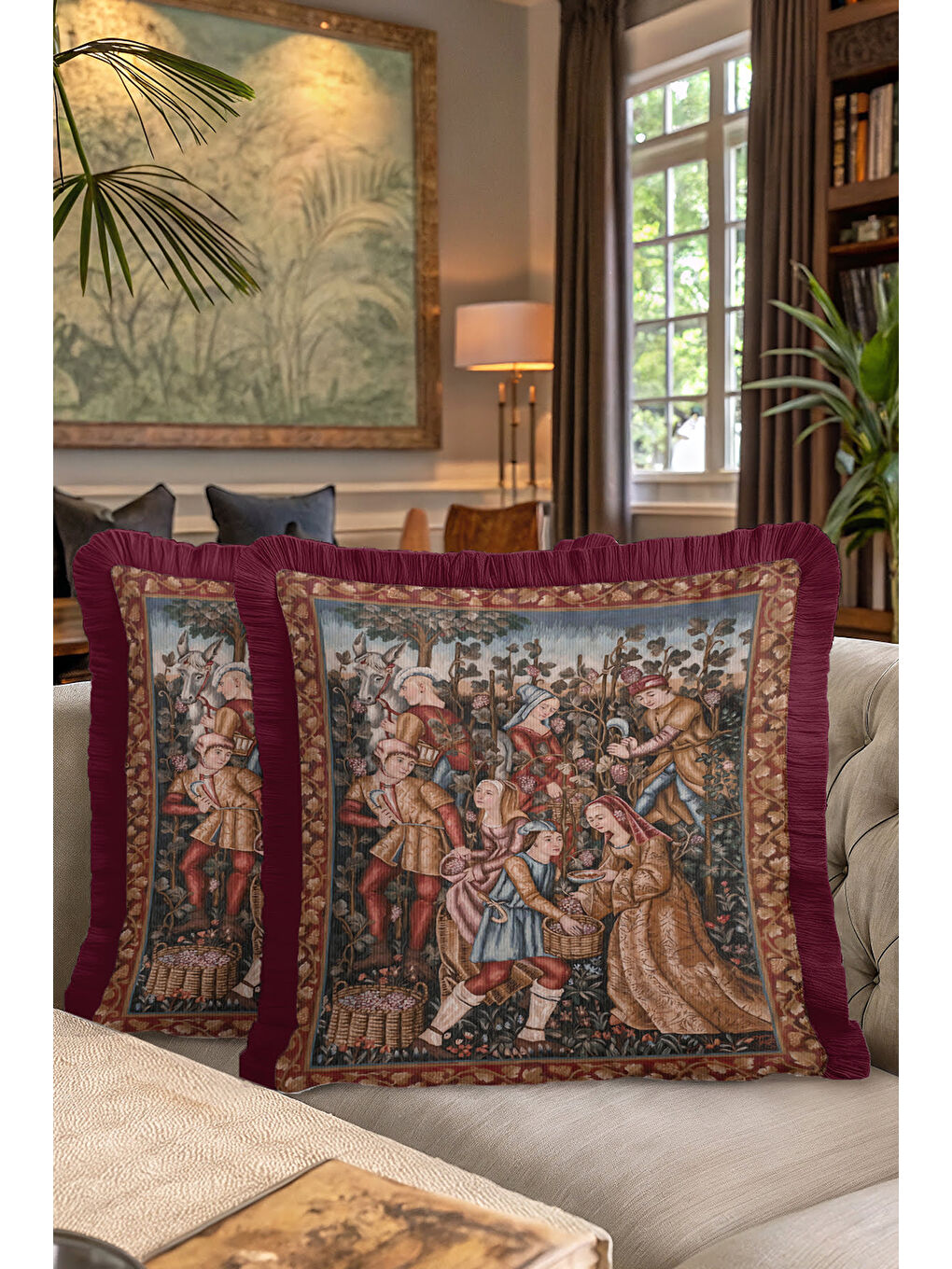 Karışık Avangart Ortaçağ Figürlü Saçaklı Yastık Kılıfı - Vintage Rustik Bordo Gold Püsküllü Kırlent Kılıfı-7