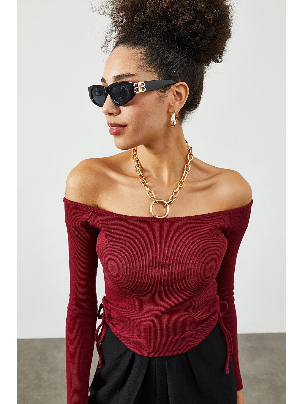 Bordo Yanı Büzgü Detaylı Kayık Yaka Kaşkorse Bluz 2KXK2-45816-05-4