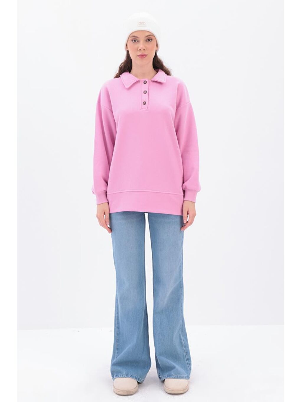 Pembe Yanları Fermuarlı Yakalı Sweat Tunik-1