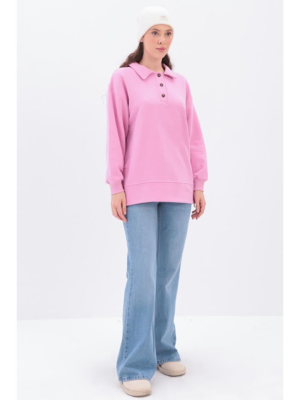 Pembe Yanları Fermuarlı Yakalı Sweat Tunik-2