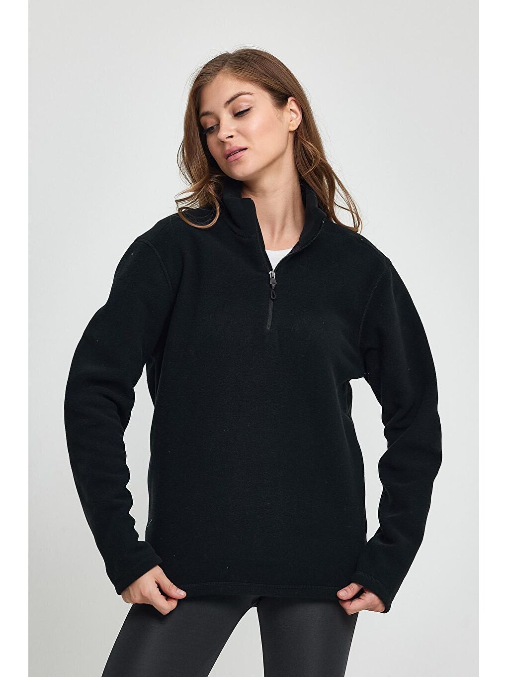 Siyah Kadın Rahat Kalıp Softech Polar Yarım Fermuarlı Sweatshırt spr24pwk20-4