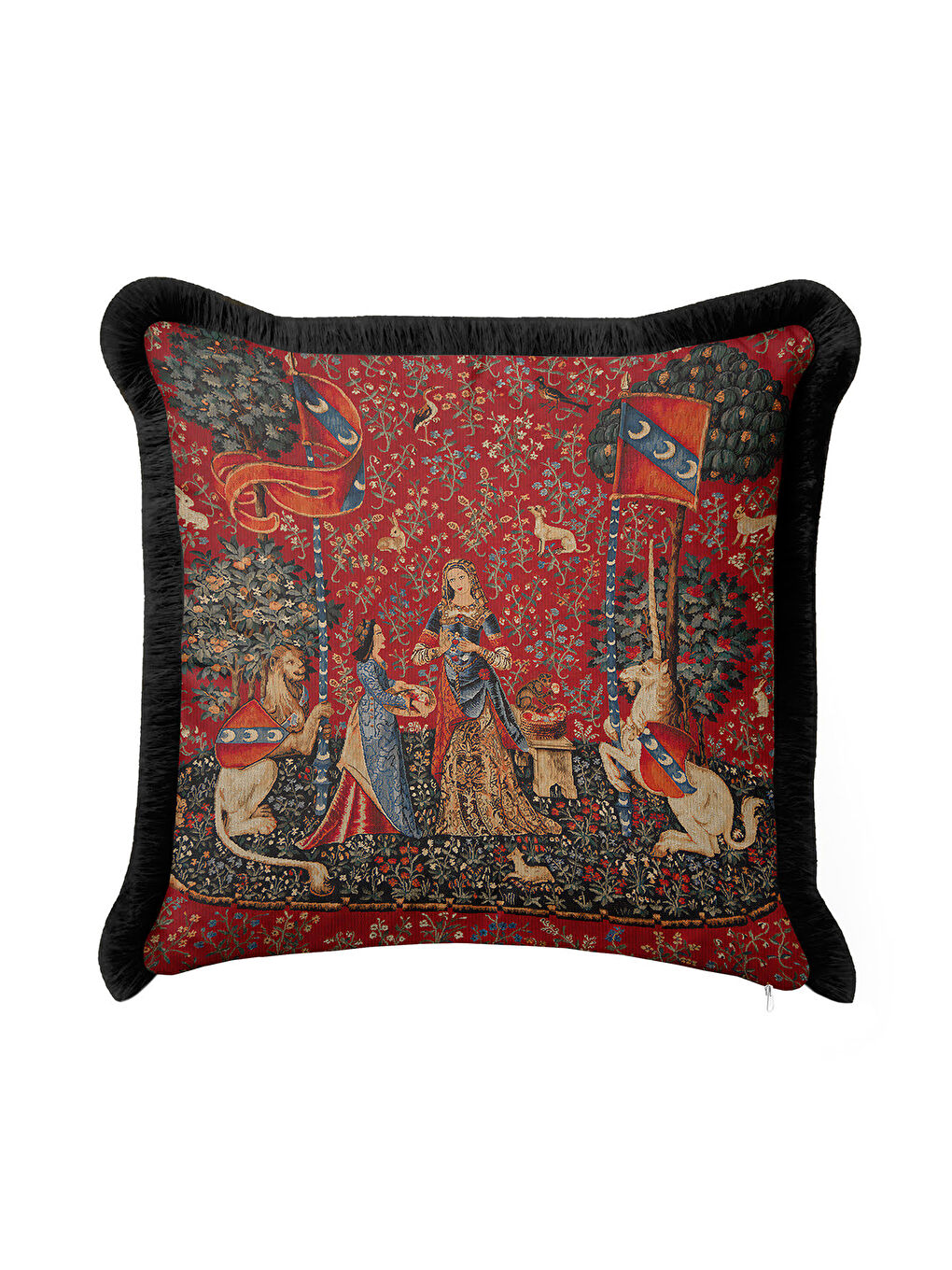Karışık Ortaçağ Goblen Sanatı Saçaklı Yastık Kılıfı - Gotik Zenginlik Kırmızı Siyah Püsküllü Kırlent Kılıfı