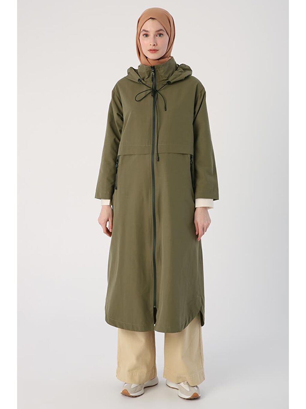 Haki Kapüşonlu Cepli Fermuarlı Trençkot-1