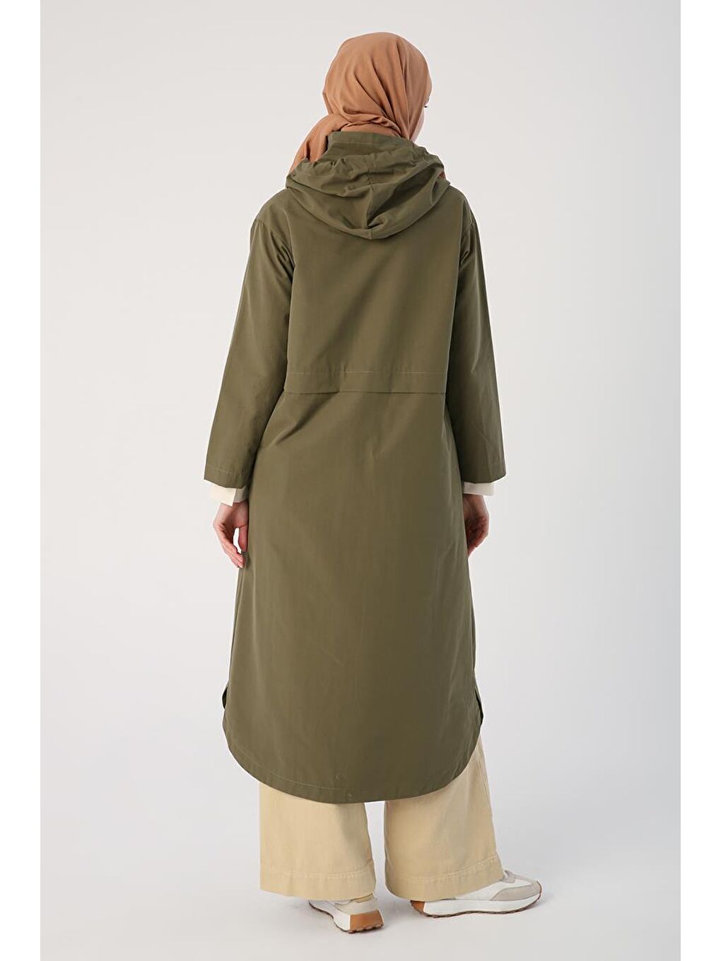 Haki Kapüşonlu Cepli Fermuarlı Trençkot-3