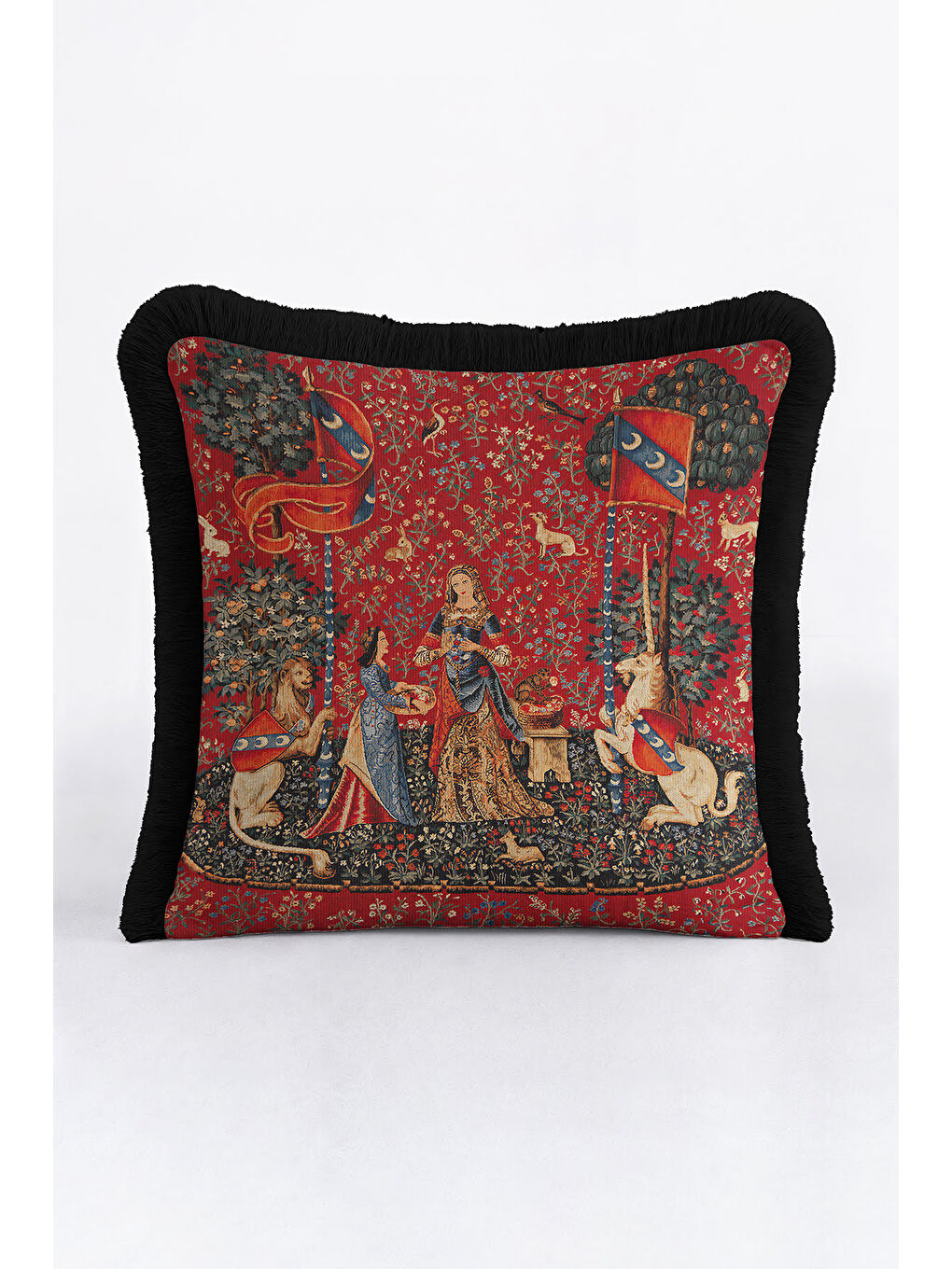 Karışık Ortaçağ Goblen Sanatı Saçaklı Yastık Kılıfı - Gotik Zenginlik Kırmızı Siyah Püsküllü Kırlent Kılıfı-1