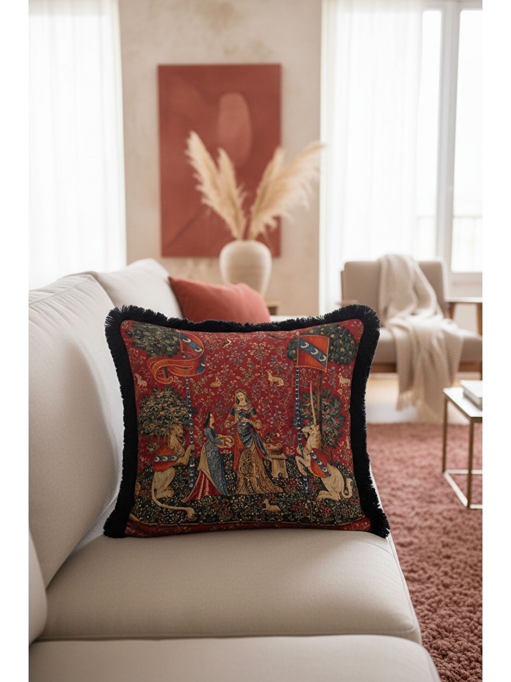 Karışık Ortaçağ Goblen Sanatı Saçaklı Yastık Kılıfı - Gotik Zenginlik Kırmızı Siyah Püsküllü Kırlent Kılıfı-2